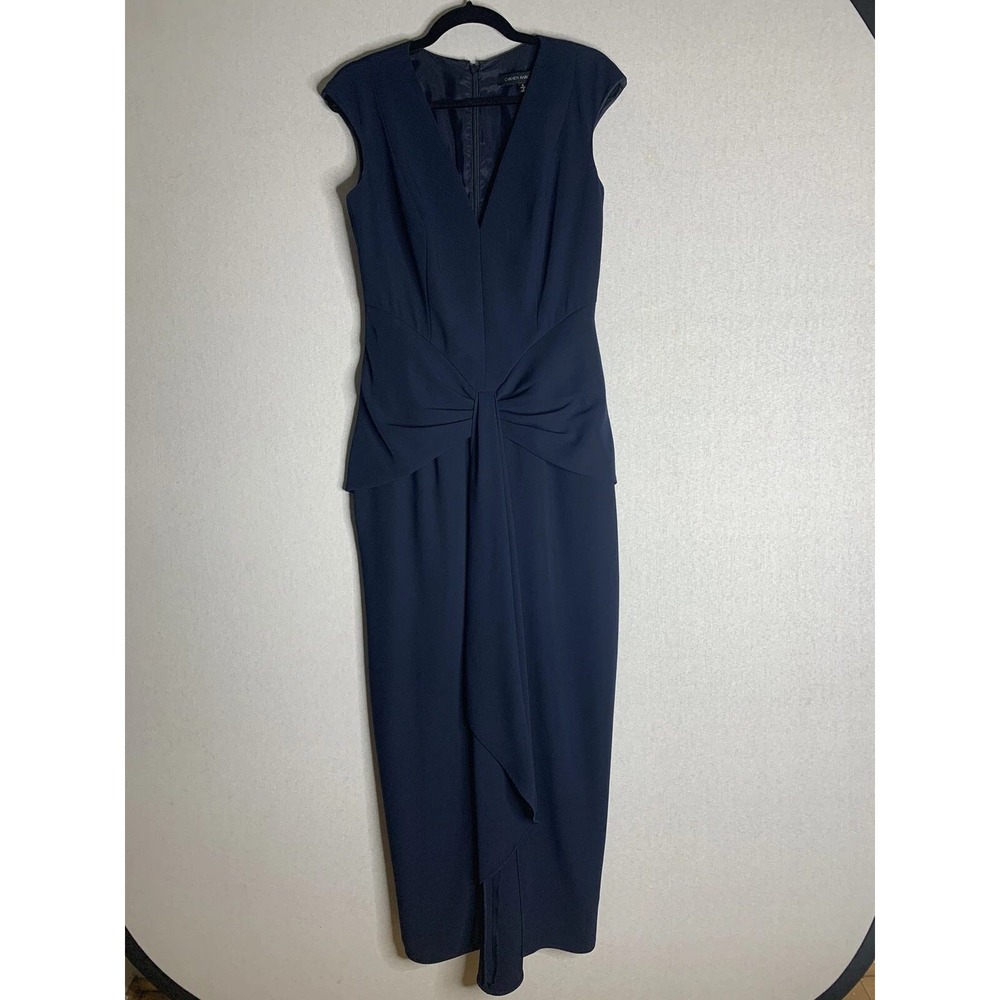 Carmen Marc Valvo Maxi Gown Womens 6 Navy Blue V-Neck Knot Draped Formal Elegant